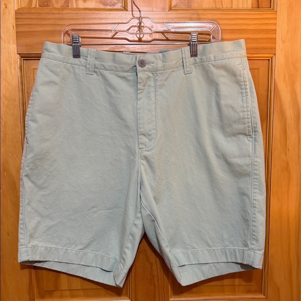 J. Crew Men's Pastel Green Flat-Front Cotton Chino 9β Shorts, Size 36.